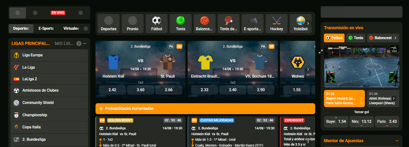 puestas deportivas, eSports y eventos disponibles en Cashwin Casino